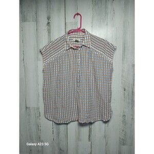 Anthropologie Pilcro Button Front Oversized Top Sz XS Orange Blue Check